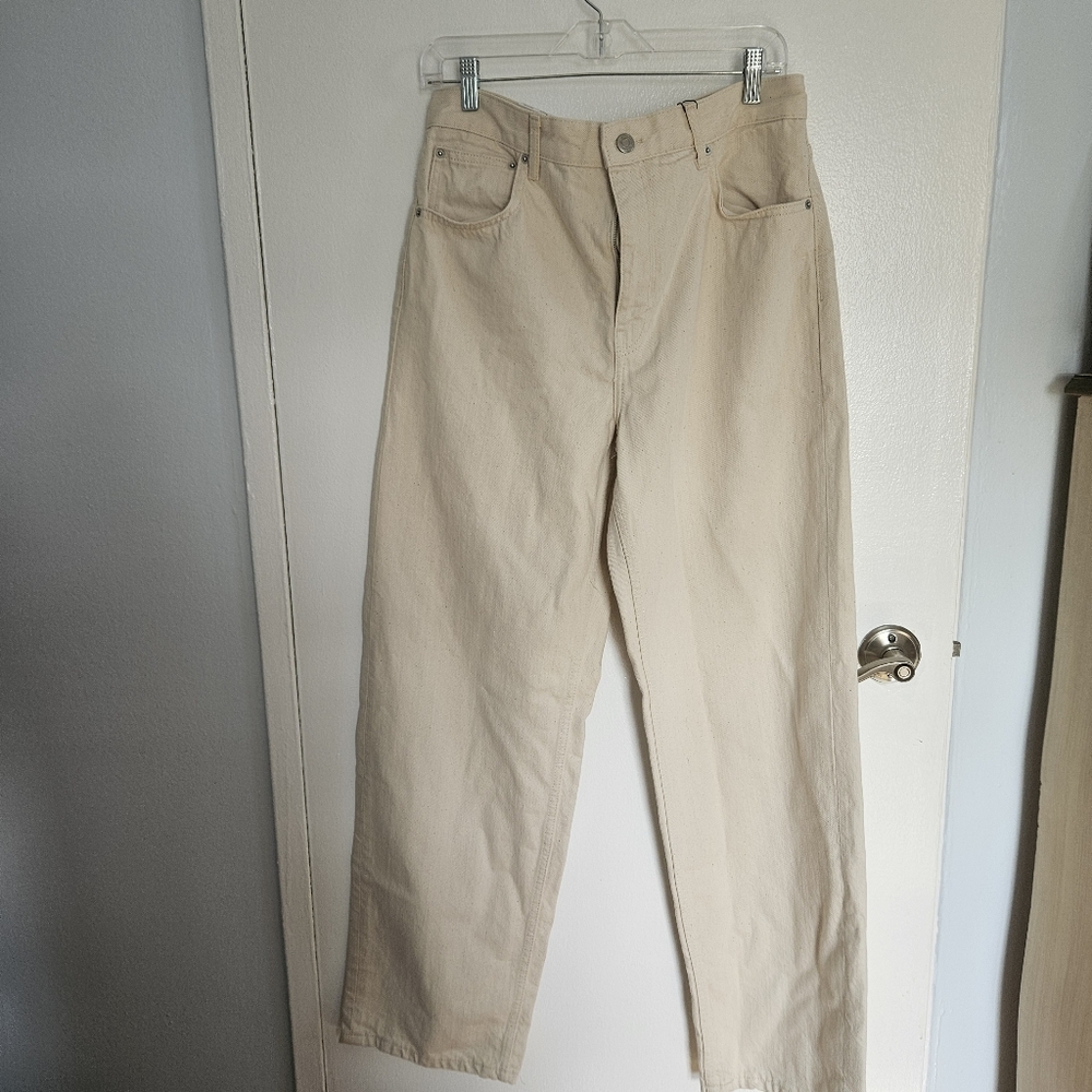 ZARA OFF WHITE HIGH RISE WIDE LEG WOMENS SIG. DENIM JEANS ~100% COTTON SIZE 12